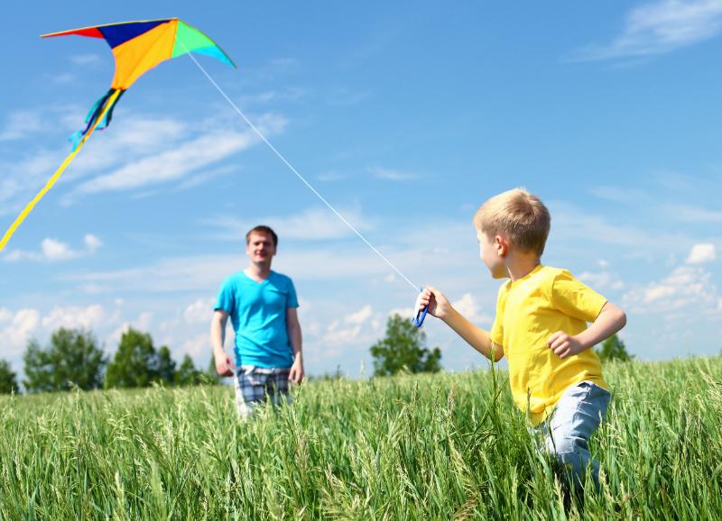 Boy flying kite in field with father in background